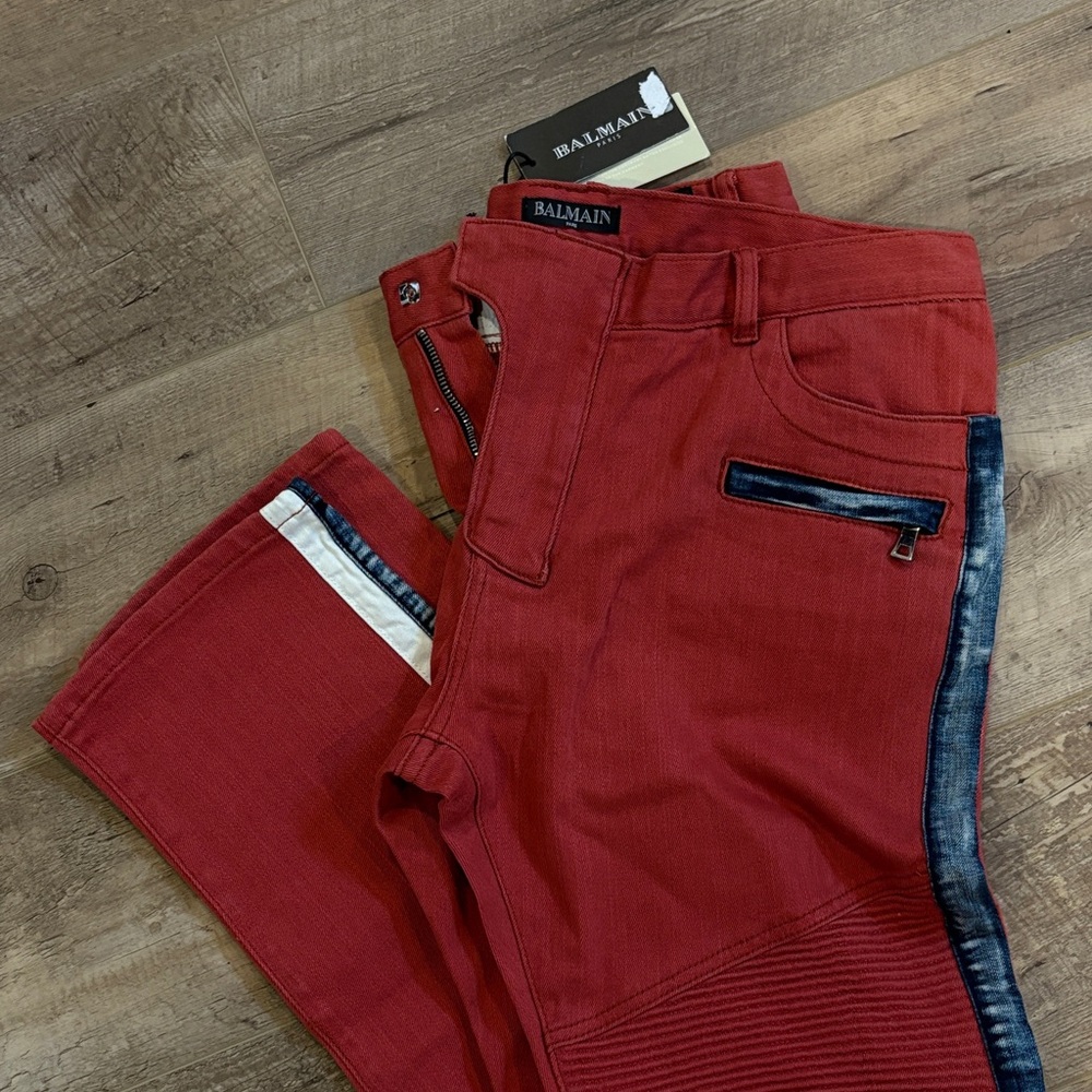 Balmain Red and Black Biker Jeans